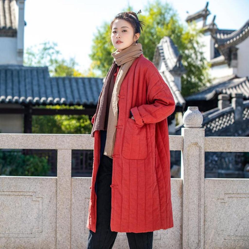Women Vintage Linen Stand Parkas Solid Color Long Sleeve Warm Coats Button Patchwork Pockets Winter Parkas