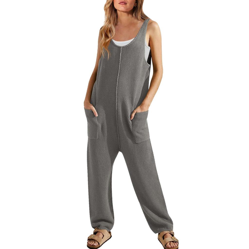 2024 Spring/Summer Women's Sleeveless U-Neck Loose Jumpsuit with Double Pockets