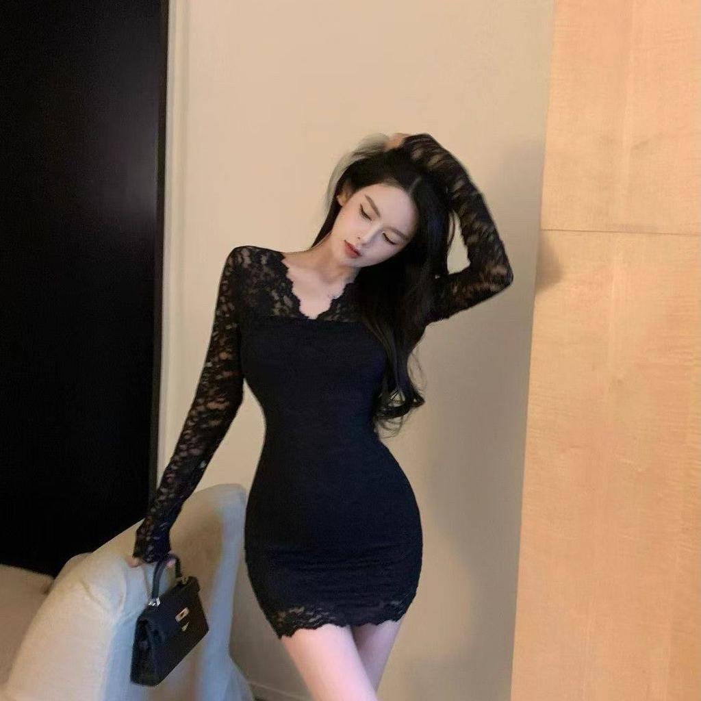 Sexy Underwear Exquisite Black Lace Long-sleeved Hip-wrapped Perspective Short Skirt V-neck Waist Sexy Collarbone Dating Couple