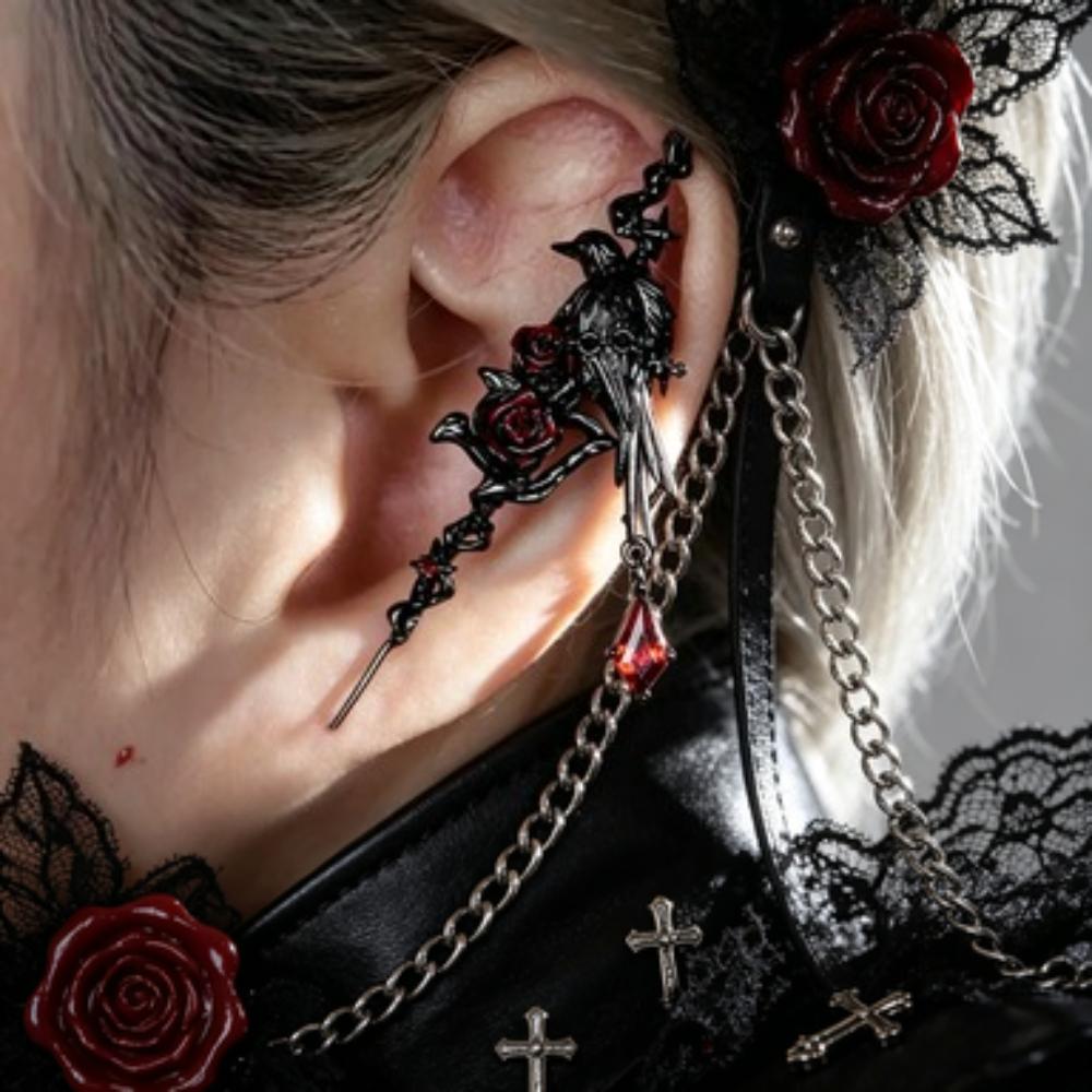 1PC Dark Red Rose Crow Earrings Gothic Earring for Girl Irregular Black Bird Cross Star Ear Needle Jewellry3