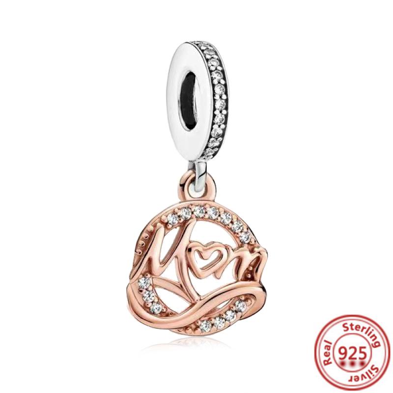 Hot Sale Rose Gold Series Pink Zircon Leaves Heart Pendant Sparkling Clip Bead Fit Charm Bracelet DIY S925 Silver Jewelry