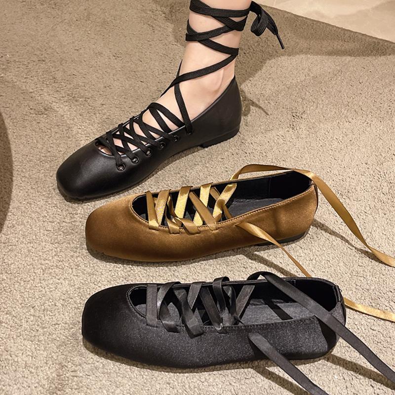 Square Toe Shallow Women Ballet Dance Shoes Elegant Lace Up Soft Winter Shoes 2025 Trend Designer Dress New Chaussures Ladies