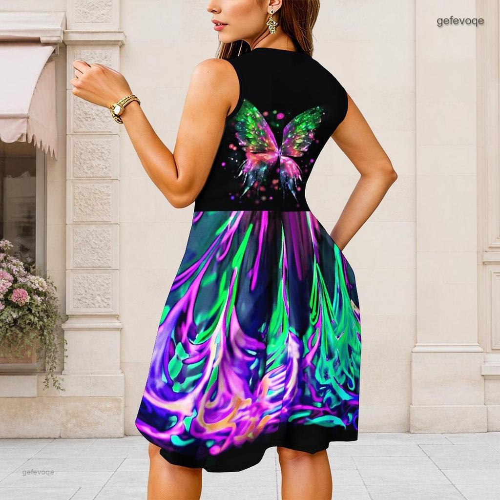 Women Plus Size Round Neck Sleeveless Printed Gathered Waist A Line Long Dress