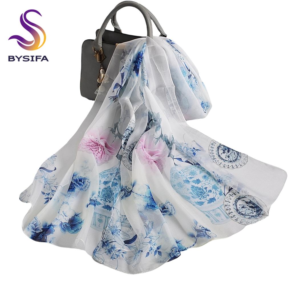 [BYSIFA] Women Chiffon Pure Silk Scarf Cherry Blossom Floral Design Long 100% Silk Shawl Scarf Purple Pink Silk Scarves Echarpes