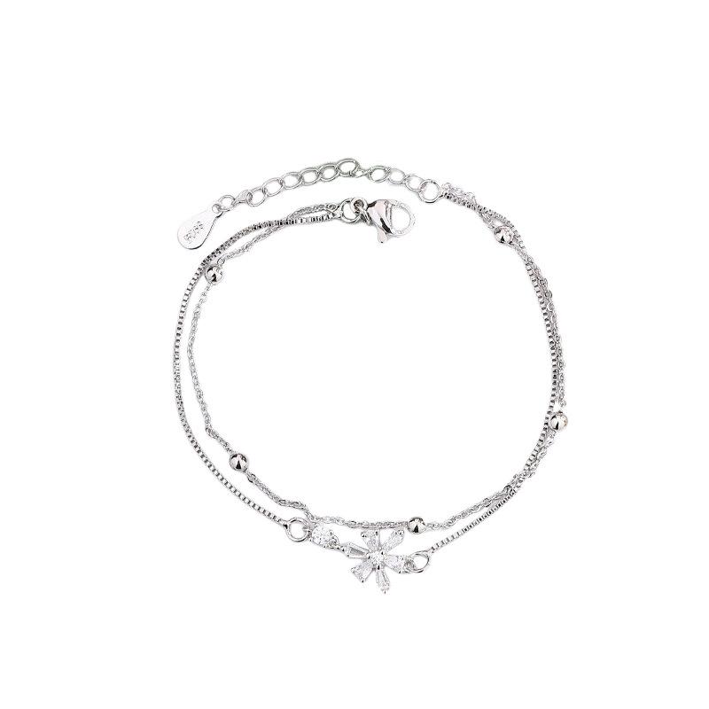 Sterling Silver S925 Silver Bracelet Women's New Flower Bracelet Korean Trend Fashion Temperament Zircon Cherry Blossom Double Layer Bracelet