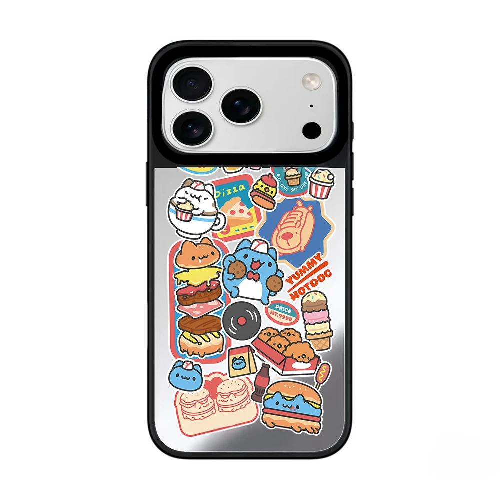 IPhone 12 13 14 15 16 17 Pro Max Милый мультяшный питомец Бургер Зеркальная поверхность Черная рамка Магнитный защитный чехол