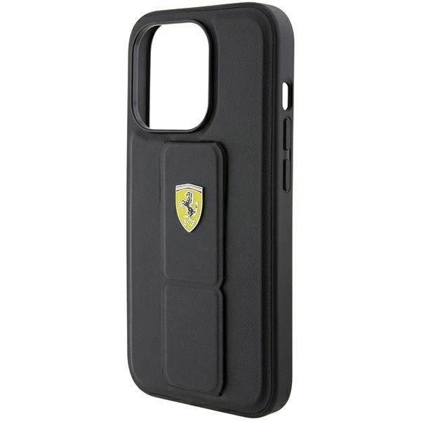 Ferrari Grip Stand Metal Logo Case For Iphone 15 Pro - Black