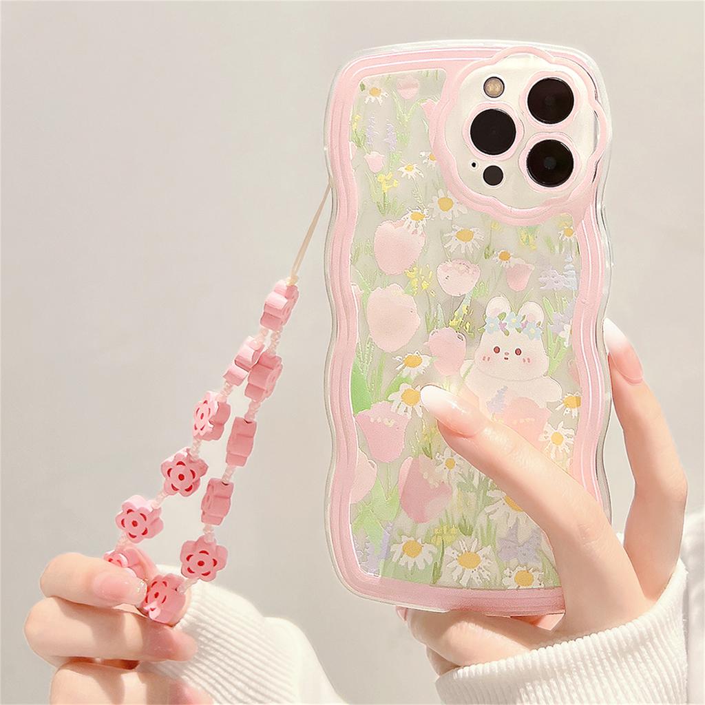 Cute Pink Flower Rabbit Wave Phone Case With Beacelet For Iphone 13 12 11 Pro Xs Max X Xr 7 8 Plus Kawaii Cover Funda