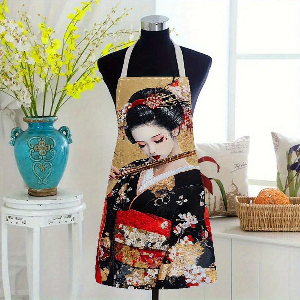 1pc Japanese Geisha Apron Kimono Art Print Kitchen Cooking Baking Waterproof Chef Bib Gift for Women Asian Culture Lover