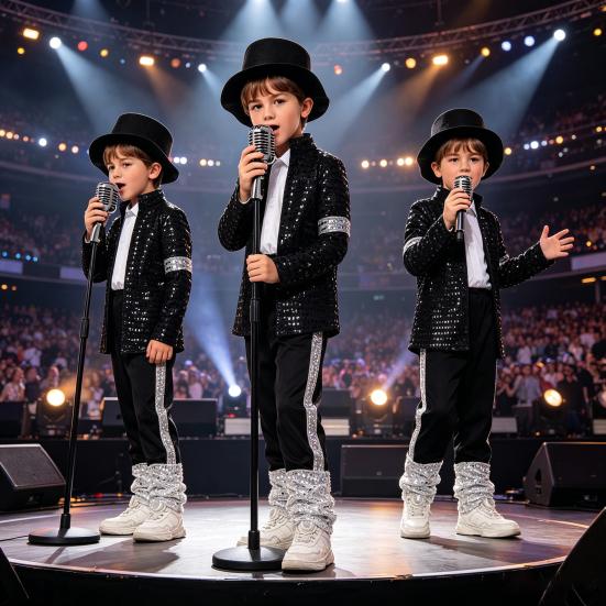 Yousheng Musician Halloween Costume Set for Kids, Black Sequin Jacket, Trousers, Hat, Gloves, 80s 90s Retro Stage Outfits for Disco Party, Fancy Dress