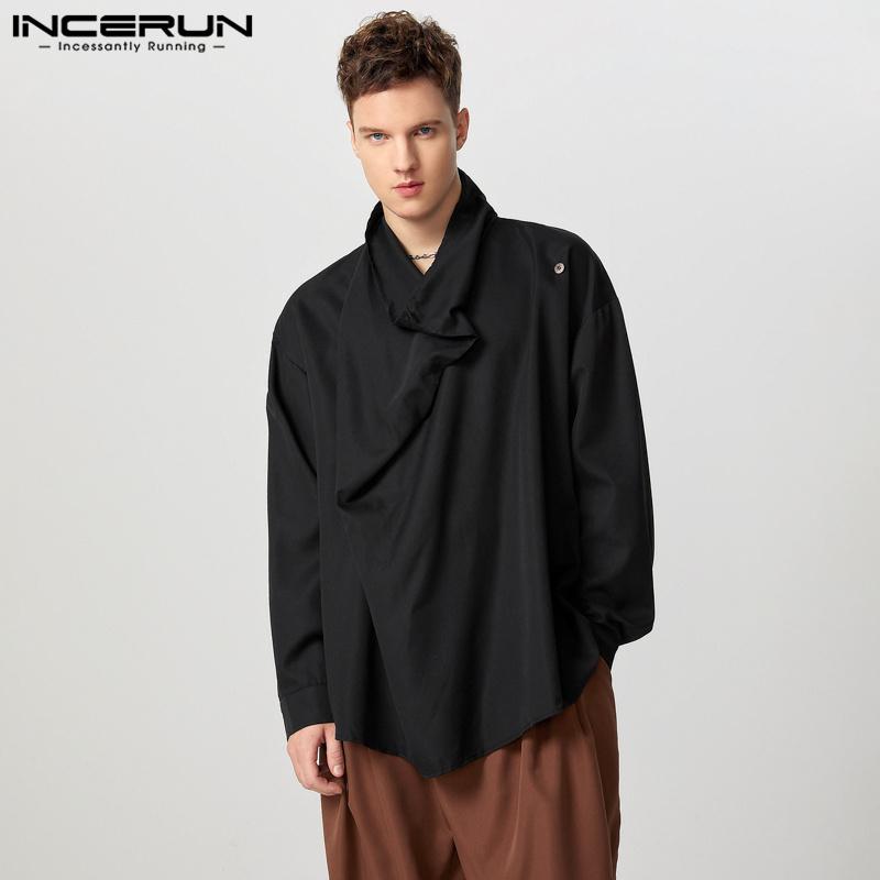 INCERUN Мужские футболки с длинным рукавом и воротником-стойкой с боковыми пуговицами