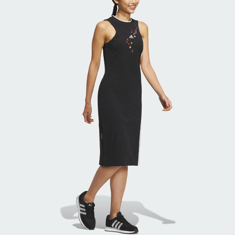 Adidas X Shuting Qiu с цветочной вышивкой и цветными блоками, облегающее прямое платье миди, женские платья без рукавов, черный, белый цвет IM8442