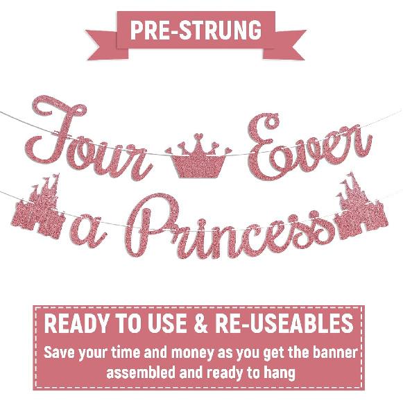 Four Ever A Princess Banner - Beautiful Girl 4th Birthday Banner, Little Princess Calstle Themed 4 Years Old Birthday Party Supplies Rose Gold