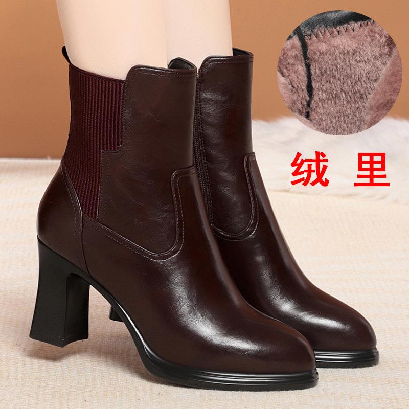 Женские короткие ботильоны на высоком каблуке, бархатные кожаные туфли, мягкая кожа, толстый каблук, материнские хлопковые туфли, универсальные подиумные ботинки