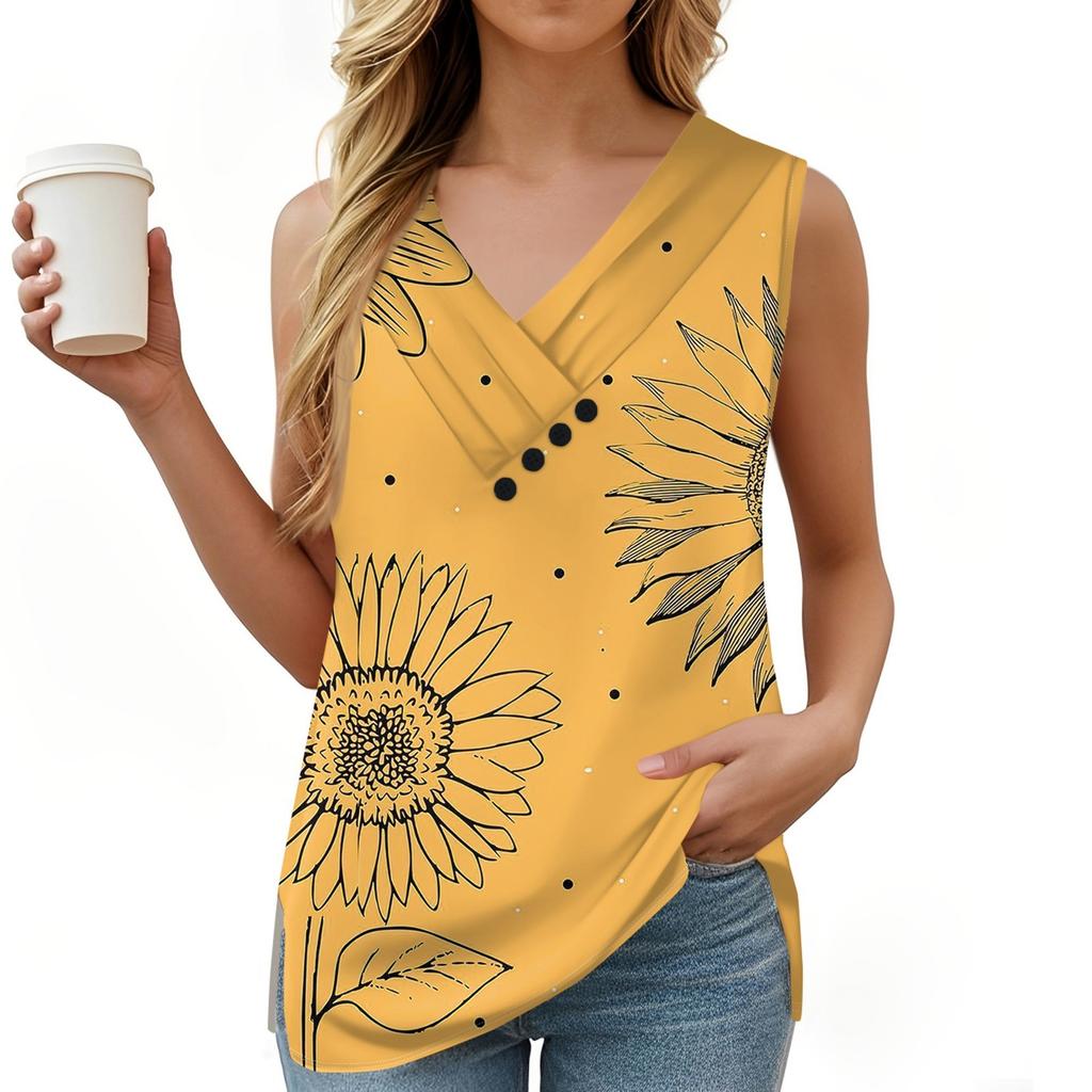 Женская майка с винтажным цветочным принтом, летняя футболка на пуговицах с V-образным вырезом, свободный модный топ без рукавов