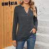 Осенняя женская повседневная футболка с V-образным вырезом и длинными рукавами на пуговицах