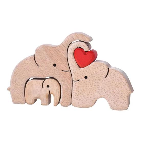 Wooden Elephant Family Puzzle Ornament Love Heart Mother Father Baby Elephant Jigsaw Table Sign Home Office Desktop Decoration