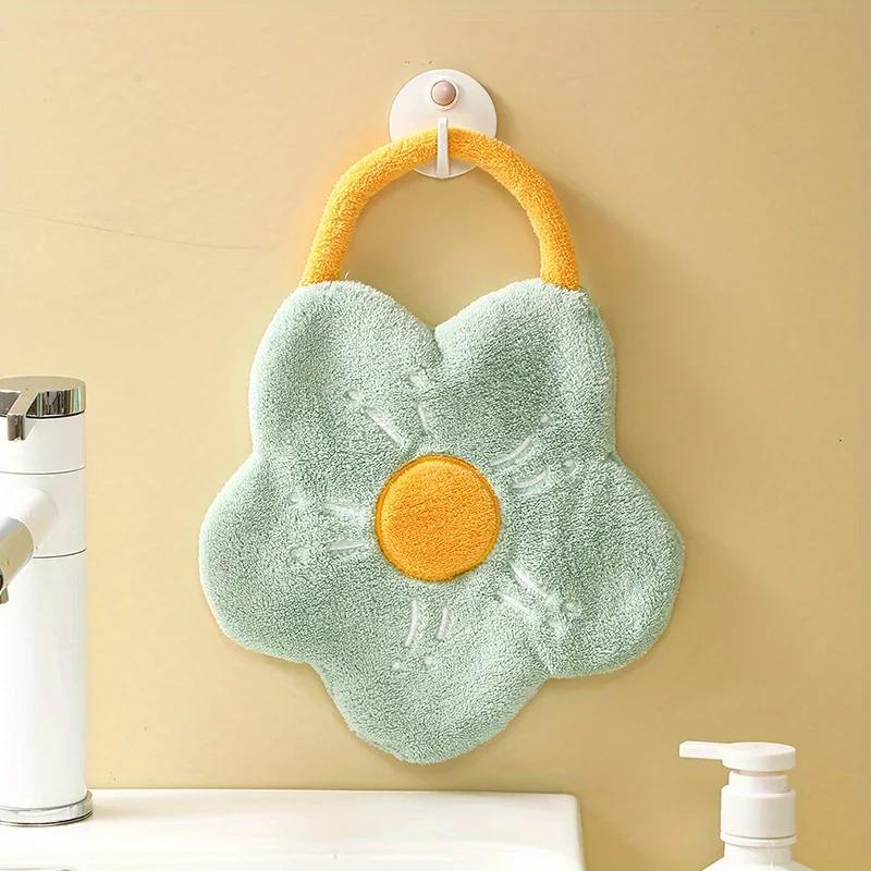 1pc Hand Towel with Hanging Flower Shaped Design, Household Kitchen Absorbent Handkerchief Pink