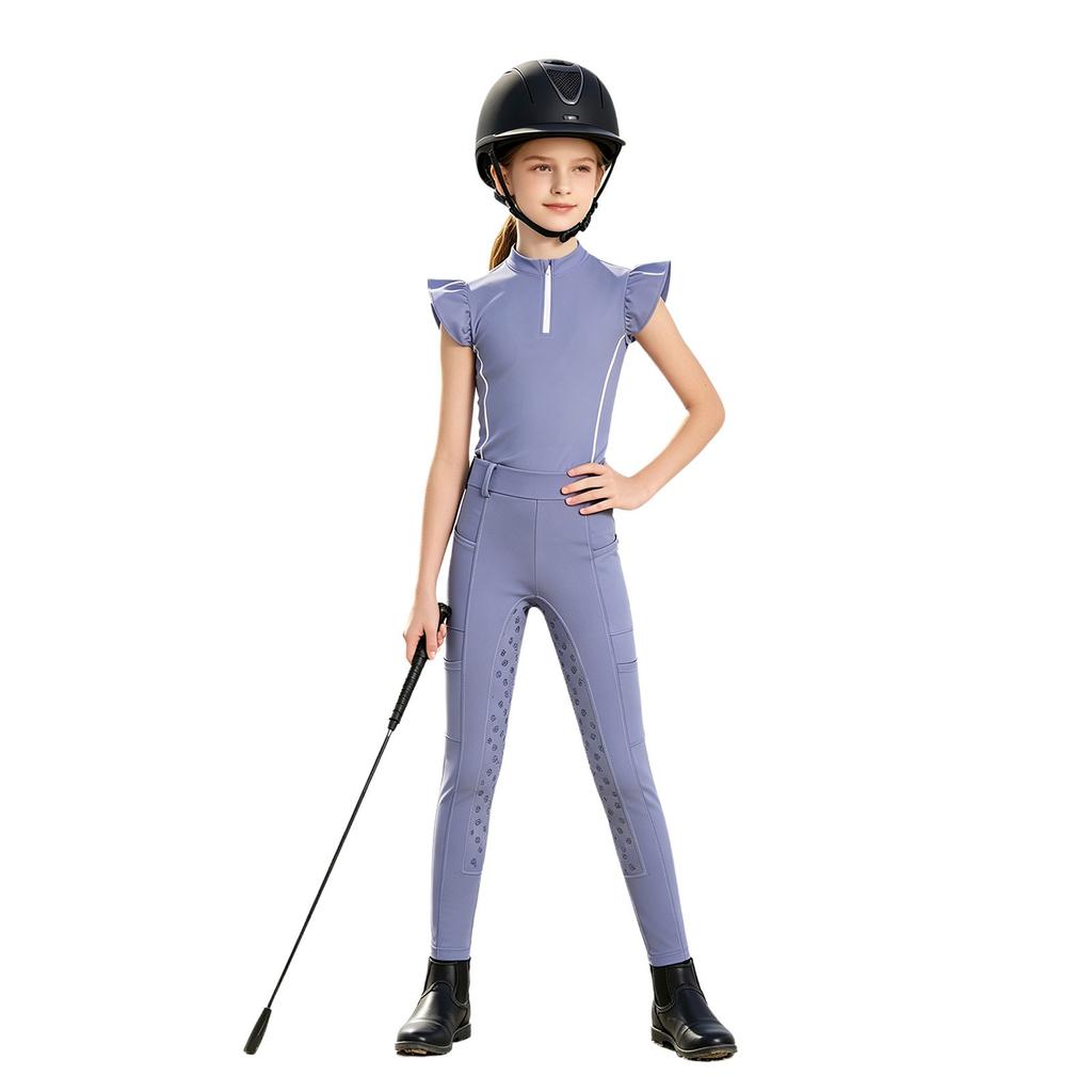 Girls Equestrian Riding Zip Up Stand Collar Ruffled Sleeves Contrast Trim Top Anti Slip Full Seat Breeches Outfit