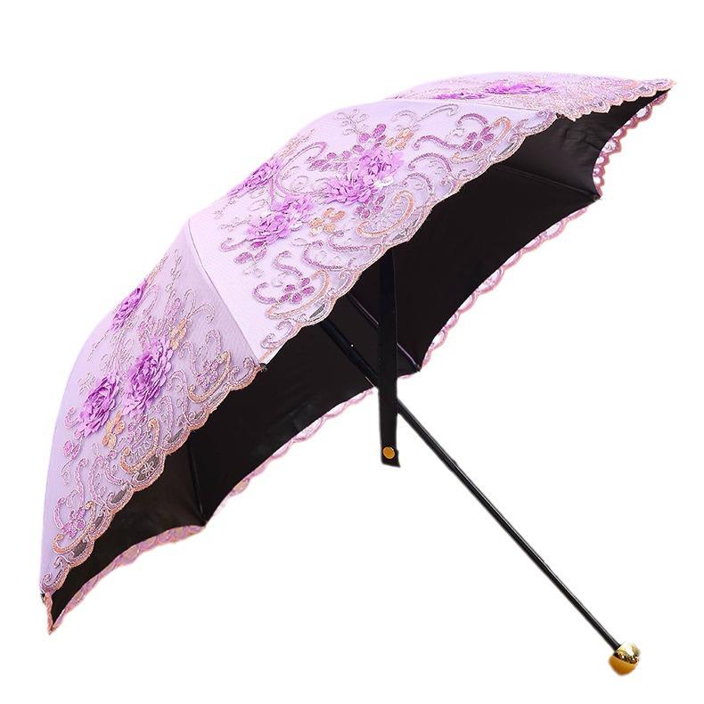 Черный зонт с вышивкой в стиле ретро и защитой от УФ-излучения - двойного назначения для женщин