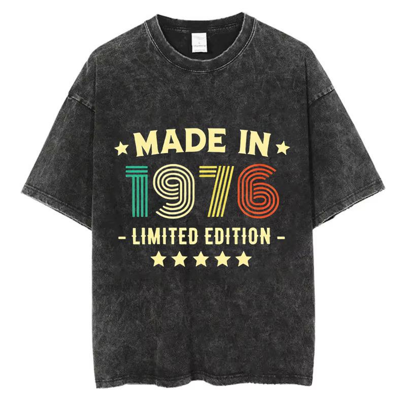 Vintage 1976 TShirt Washed Cotton 50th Birthday Graphic Tee Men Women Acid Wash Short Sleeve Retro Streetwear Shirt
