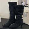 Модная Eilyken Зимняя Мода Винтажные Плиссированные Сапоги до Колена с Острым Носком Женские Тонкий Низкий Каблук Лаконичная Удобная Обувь