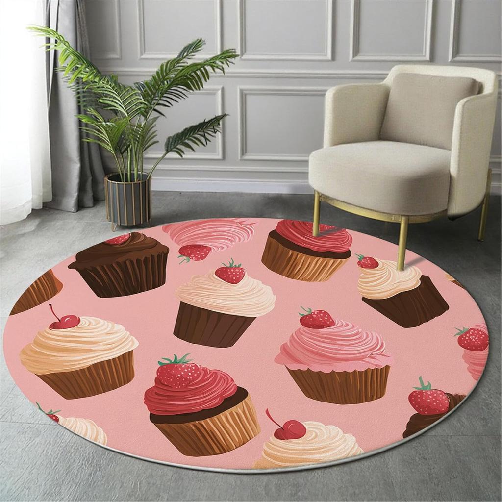 Cartoon Style Round Rug Washable Bedroom Round Area Rugs for Entryway,Soft Living Room Circular Rugs,Cupcake Pattern Non-Slip