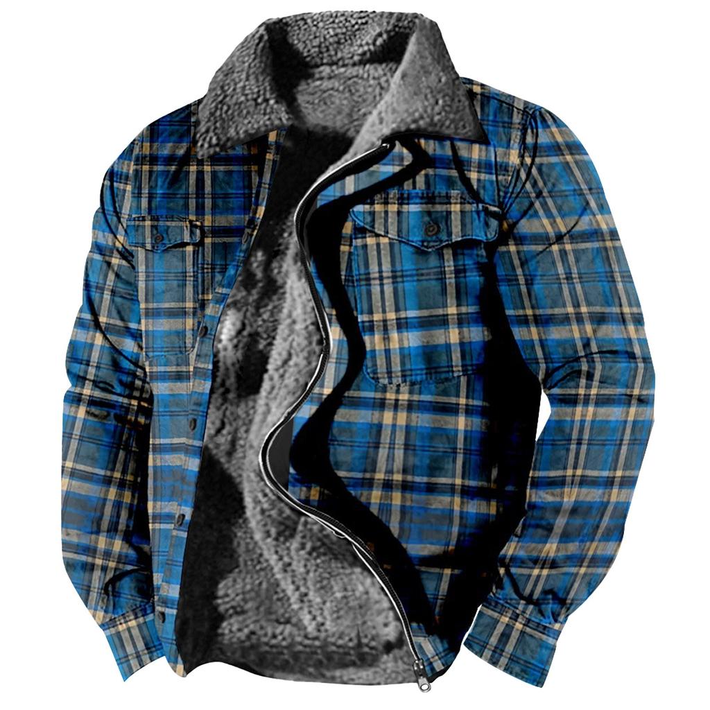 Men's Plaid Print Fleece Thickened Coat Jacket Men's Casual Fashion Warm Coat