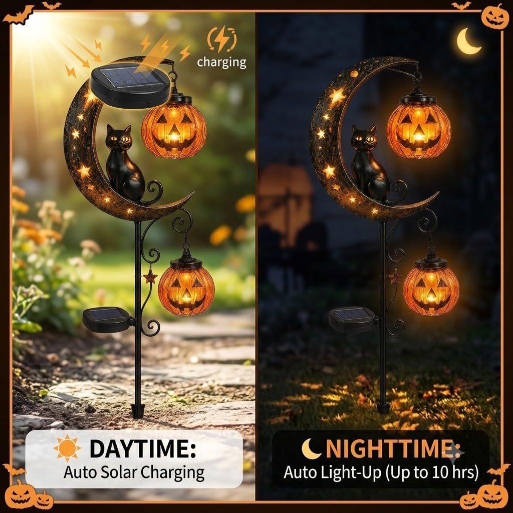 Solar Halloween Black Cat & Pumpkin Moon Garden Stake Light, Halloween Garden Decorations Outdoor, Hanging Pumpkin Lantern