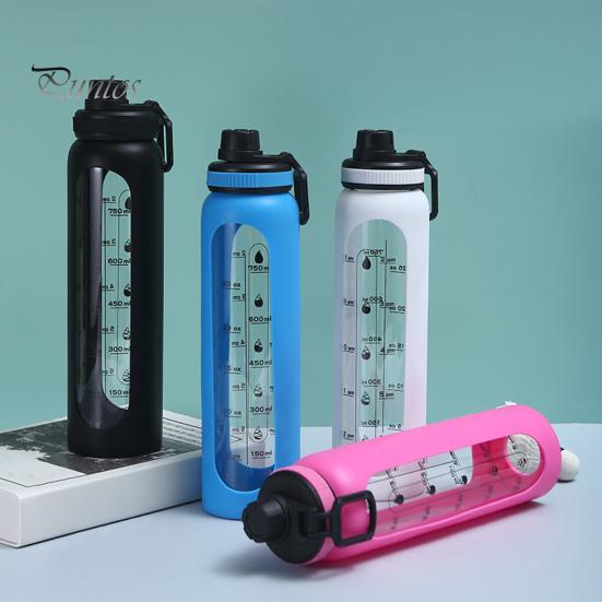 Стеклянная бутылка для воды с силиконовым чехлом и маркером времени 1000 мл, герметичная боросиликатная чашка для воды для спорта, фитнеса, офиса, горячих и холодных напитков без BPA, подарок