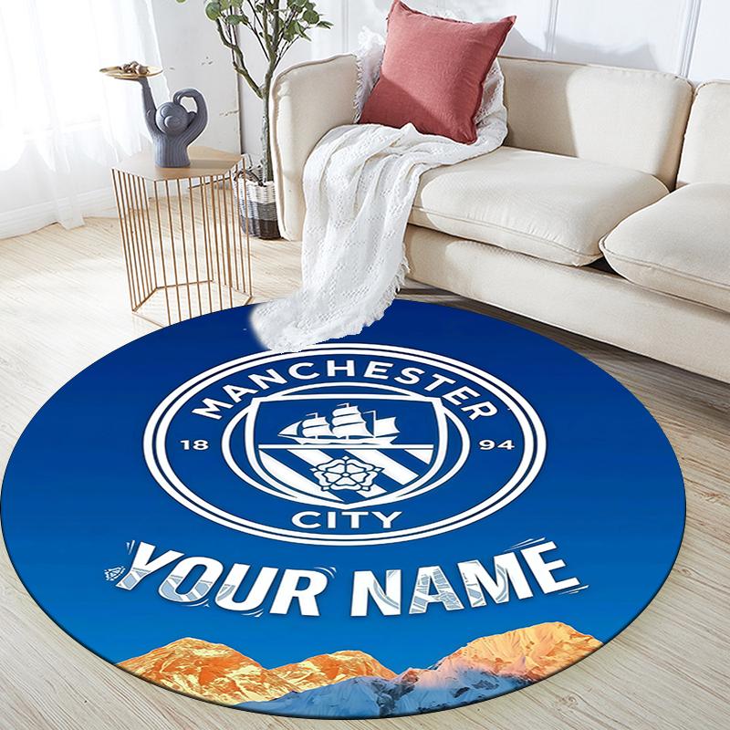 Custom Name,Manchester City FC pattern round rug,Carpet Rug for Living Room Bedroom Playroom ,Non-slip Floor Mat,Holiday Gifts and Birthday Gifts.