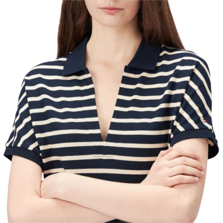 Tommy Hilfiger Удобное полосатое платье с V-образным вырезом и коротким рукавом для женщин Черное WW47105-0A4