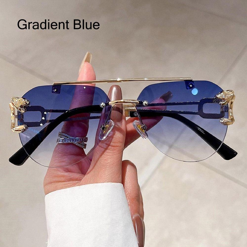 Fashion Rimless Cheetah Decor Sunglasses Gradient Uv400 Double Bridge Sun Glasses Eyewear For Women & Men