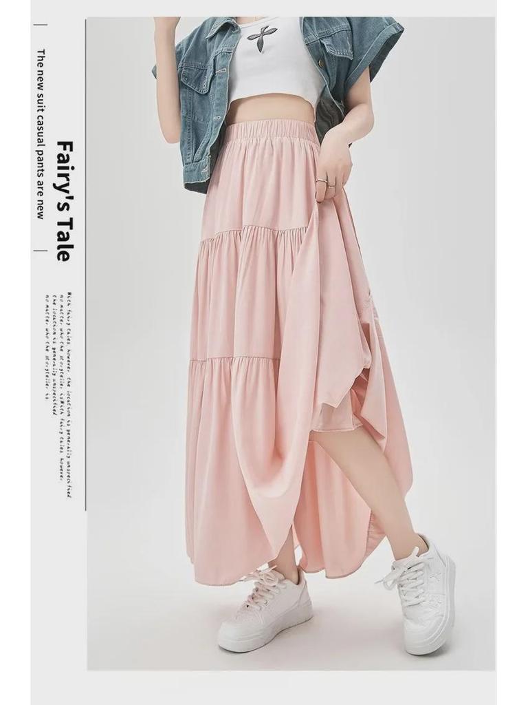 Женская юбка-трапеция во французском стиле с высокой талией и драпировкой - повседневная длинная юбка-торт на весну/лето