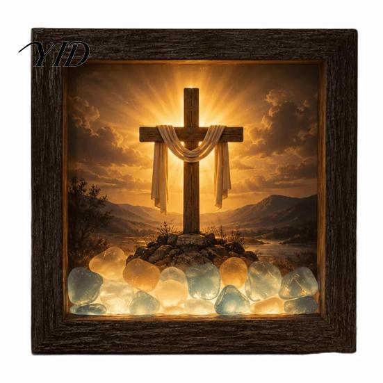 Religious Gifts for Home Coastal Lighthouse Sea Glass Shadow Box Night Light, LED Nativity Scene Wood Wall Mounted Wooden Frame Decor, Christian Faith