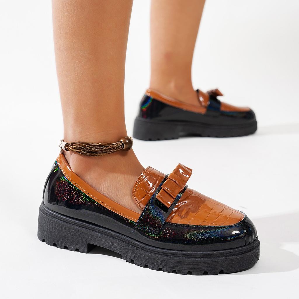 2025 новые лакированные кожаные глянцевые туфли-лоферы с бантом в стиле ретро большого размера, модные повседневные туфли на среднем каблуке