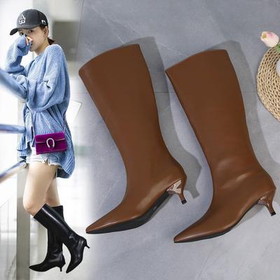 Молочно-белые эластичные тонкие ботфорты с высоким голенищем, женские ботинки, темпераментные, простые, с острым носком, на тонком каблуке, но ботфорты до колена для женщин