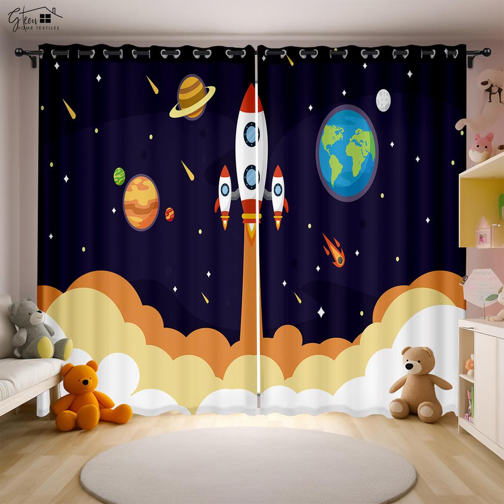 Cartoon Aerospace 3D Printing Drapes Astronaut Spaceman Spaceship Rocket Moon Planet Bedchamber Children ' s SpaceDrapes