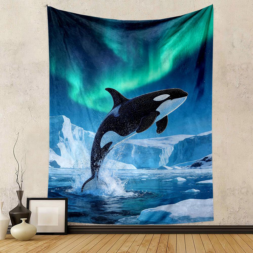 Aurora and Orca in Arctic Waters Patterned tapestry home decor, suitable for bedroom and living room, gift