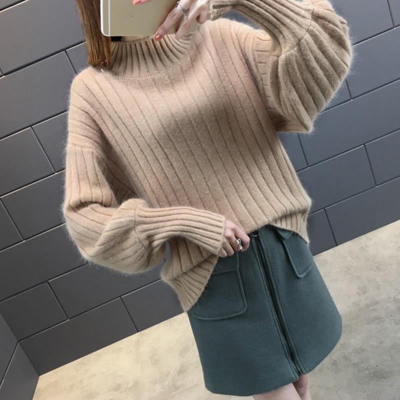 Women Solid Color Lantern Sleeve Half High Neck Sweater Loose Knitting Sweater Women's Knitting Bottoming Sweater Autumn and Winter