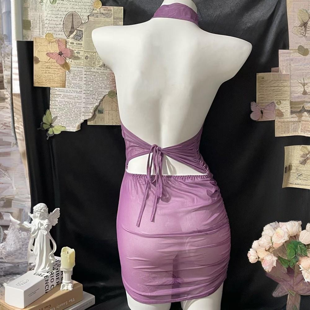 Сексуальное нижнее белье Pure Desire Фиолетовый Cheongsam Сексуальная пижама Женская антикварная бабочка Любовь Цветок Перспектива ремень Униформа Бесплатно