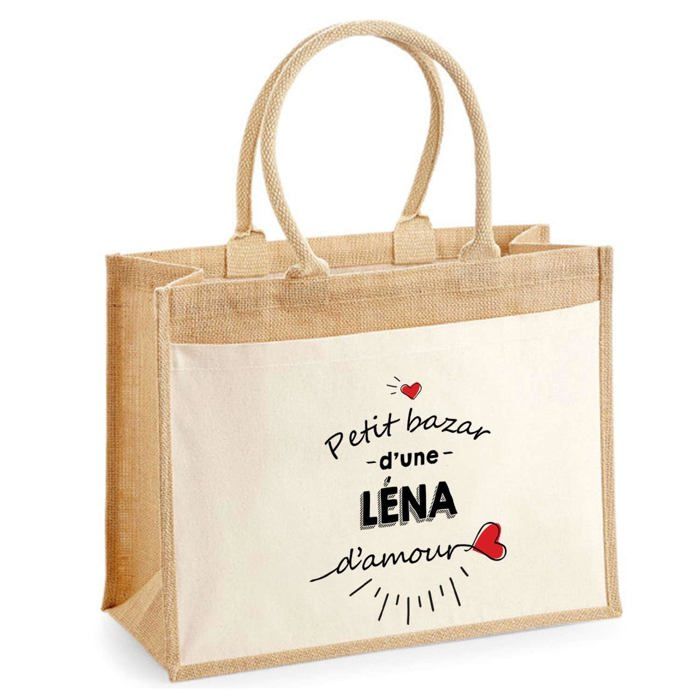 Sac de plage - PLANETEE - Jute avec poche Bazar d'une Léna d'amour - Coton naturel - Imprimé en France - Anses solides