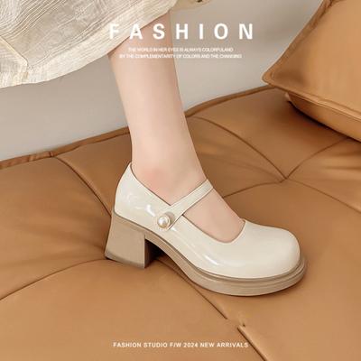 Женские туфли Мэри Джейн на высоком каблуке с натуральным французским квадратным носком на массивном каблуке и жемчужной пряжкой