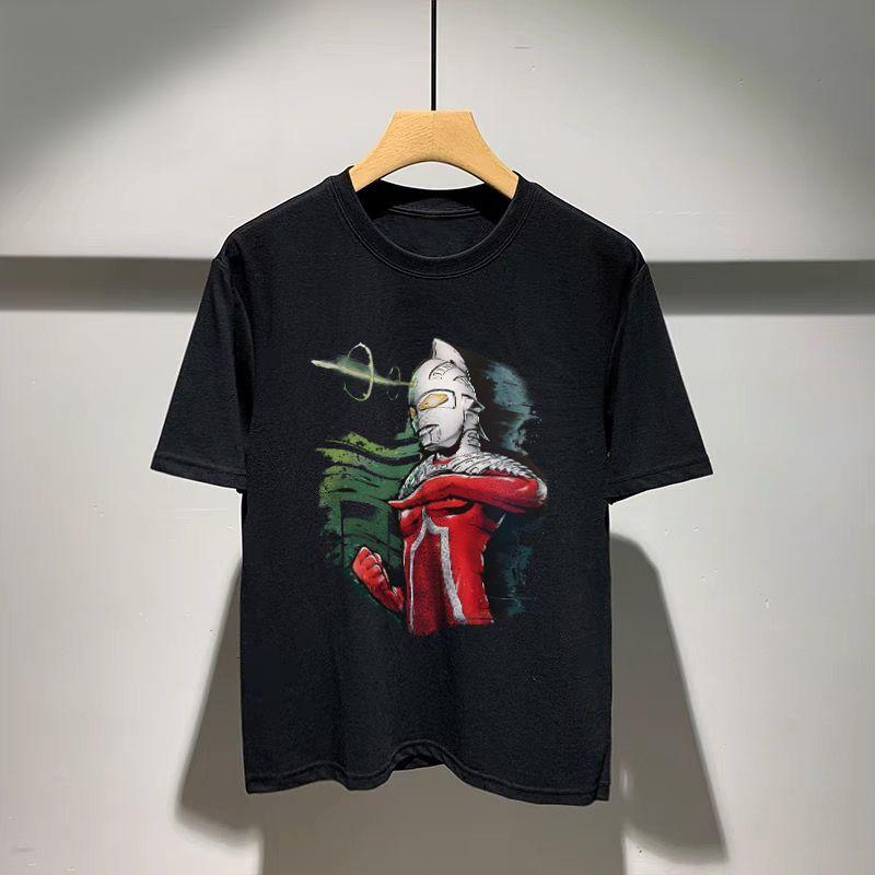 Summer Short-sleeved Men's Trendy T-shirt Teen Ultraman Cartoon Print Large Size Loose American High Street Top