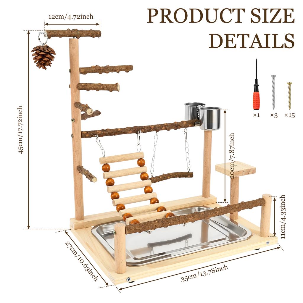 Wooden Parrot Play Stand Multi Level Parrot Playground with Ladder Swing and Feeding Cup Bird Toys Birdcage Accessories for Pet