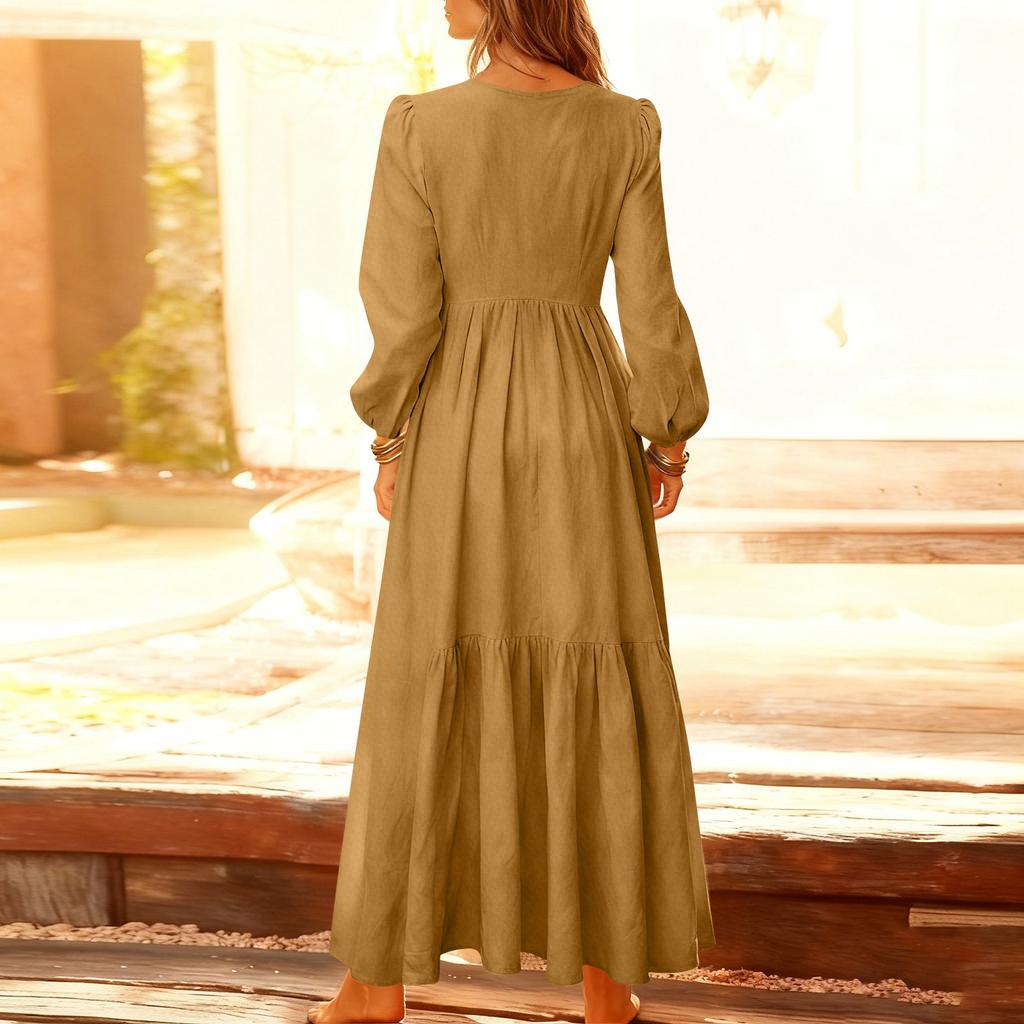 Women's Fashionable Solid Color V-neck Long Sleeved Loose Button Cotton Linen Retro Large Swing Long Casual Dress
