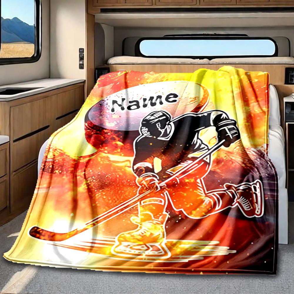 Hockey Player In Action With Fiery Background Blanket Personalized Name Soft Comfortable Stylish Blanket Car Blanket Perfect For Travel Camping