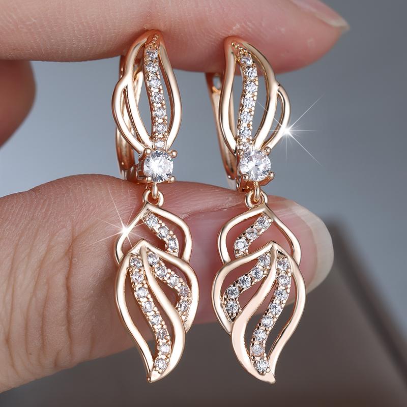 Exquisite Zircon Hollow Leaf Drop Earrings for Women Luxury Gold Color Long Dangle Earrings Wedding Party Jewelry