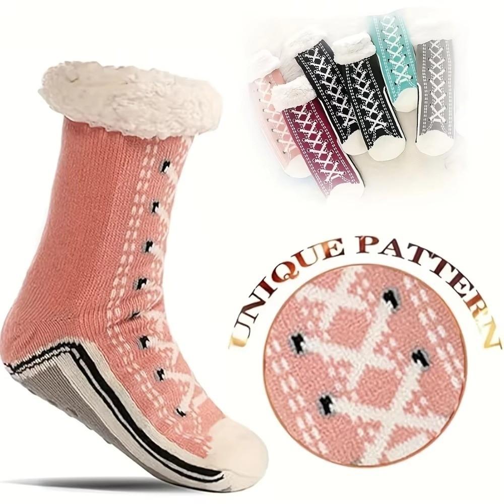 1Pair Plush Floor Sleeping Socks Non-slip Slipper Sock Fashion Snow Socks for Woman Girls