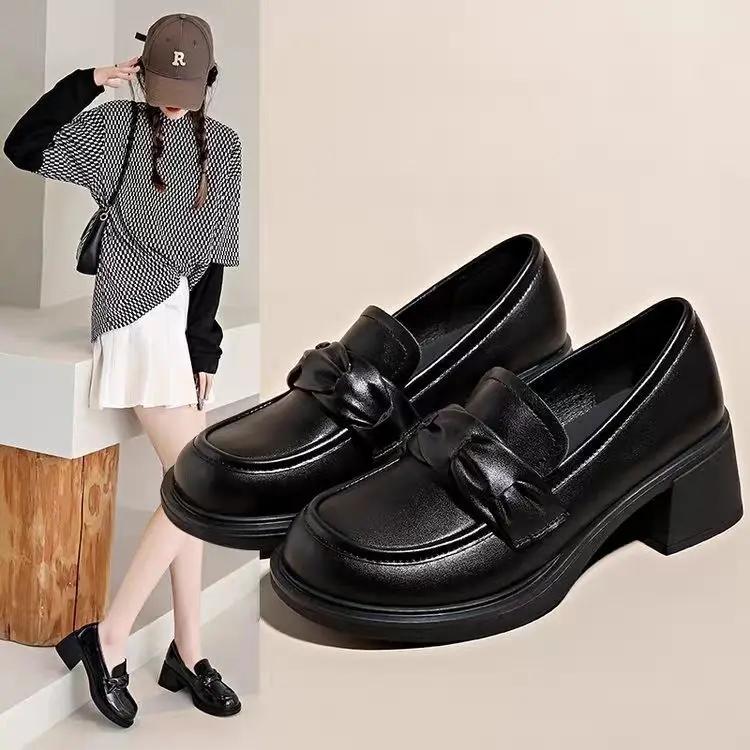Fashion High Heels Women's Shoes Block Heel Loafers Chunky Pumps Moccasins On Heeled Round Toe Ladies Korean Style Non Slip Offer Young
